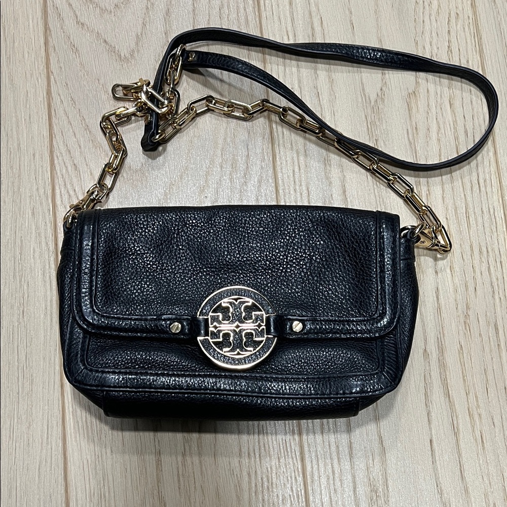 Tory Burch Black Leather Crossbody Bag with Gold Chain